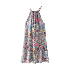 Casual Flowers Print Halter Sleeveless A-LINE Mini Dress