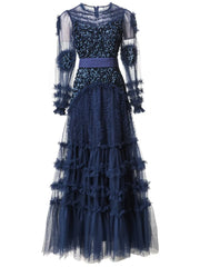 Elegant Patchwork Ruffle Edge Three-dimensional Sequin Mesh Evening Dresses
