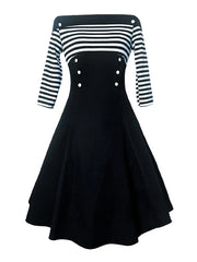 Party Dress Off Shoulder Stripes Button Front Swing Dresses
