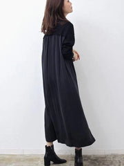 Maxi Dress Jewel Neck Casual Oversized Pleated Long Dress