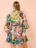 Casual Single Breasted Printed Round Neck Strap Pleated Ruffle Mini Dress