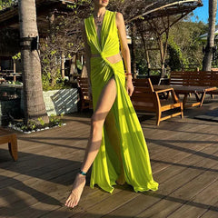 Elegant Hollow Out Backless Mesh High Slit Maxi Dress