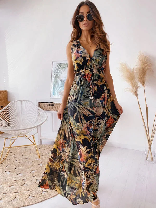 Maxi Dresses Sleeveless Printed V-Neck Polyester Floor Length Dress