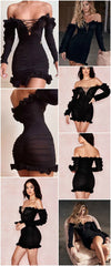 Off-Shoulder Ruffle See Through Skinny Party Bodycon Dresses