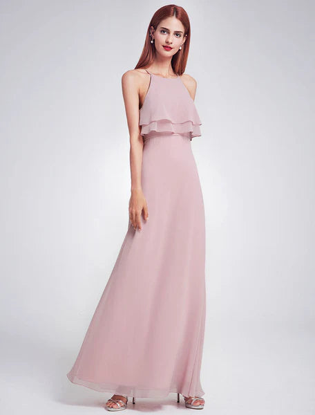 Chiffon Long Halter Sleeveless Layered Prom Dresses A Line Floor Length Party Bridesmaid Dress