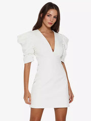 Elegant Puff Sleeve V-neck Open Back Bodycon Mini Dress