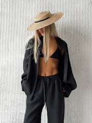 Casual Cotton Solid Color Cozy Lapel Long Sleeve Shirt Elastic Waist Pants Suits