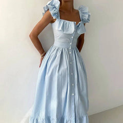 Elegant Striped Ruffles Square Collar Sleeveless Single Breasted Slim Long Dress