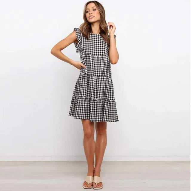 Solid Ruffled High-waist Sleeveless Mini Dress