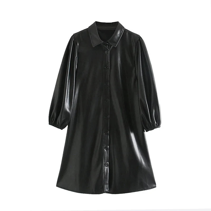 Casual Lantern Long Sleeve Street Wear PU Leather Mini Dress