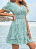 Casual V-neck Ruffled Edge Small Floral Pleated Ruffled Waist Mini Dress