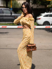 Elegant Loose Print Long Sleeve Crop Top With High Waist Maxi Skirt Set