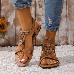 Fashionable Round Toe Flat Sandals with One Foot Bohemian Style Casual Versatile Flat Shoes