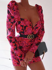 Floral Print Sweetheart Long Sleeves Buttons Sheath Bodycon Dress
