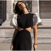 Elegant O-Neck Puff Sleeve Hollow Out Waist Short Sleeved Evening Long Dresses
