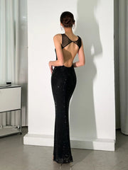 Casual Spaghetti Strap Backless Square Collar Mesh Rhinestone Patchwork Diamonds Long Maxi Dress