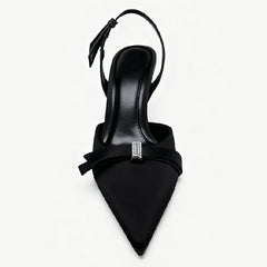 Elegant  Rhinestone Bow Decorated Slingbacks Pumps Pointed Toe Stiletto Sandals Designer Black High Heel
