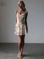 Elegant Spaghetti Strap Pleated Mini Dress Streetwear