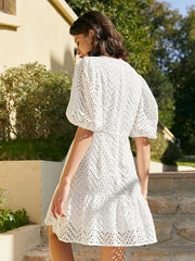 Lace Eyelet Solid Zip Lantern Sleeve V-neck Dress