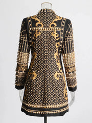Elegant Stand Collar Long Sleeve High Waist Patchwork Pearls Mini Dress