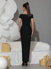 Elegant Diamond Off  Shoulder Bandage Short Sleeved Crystal Prom Gown Dresses