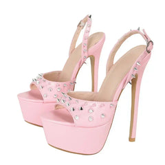 Metal Rivet Design Platform Sandals Open Toe Back Strap Buckle Stripper Heel