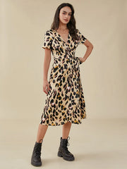 Print Knotted Slit Cross Front V-neck Western Retro Dress