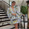 Elegant V-neck A-line High Waist Print Ruffle Long Puff Sleeve Short Mini Dress