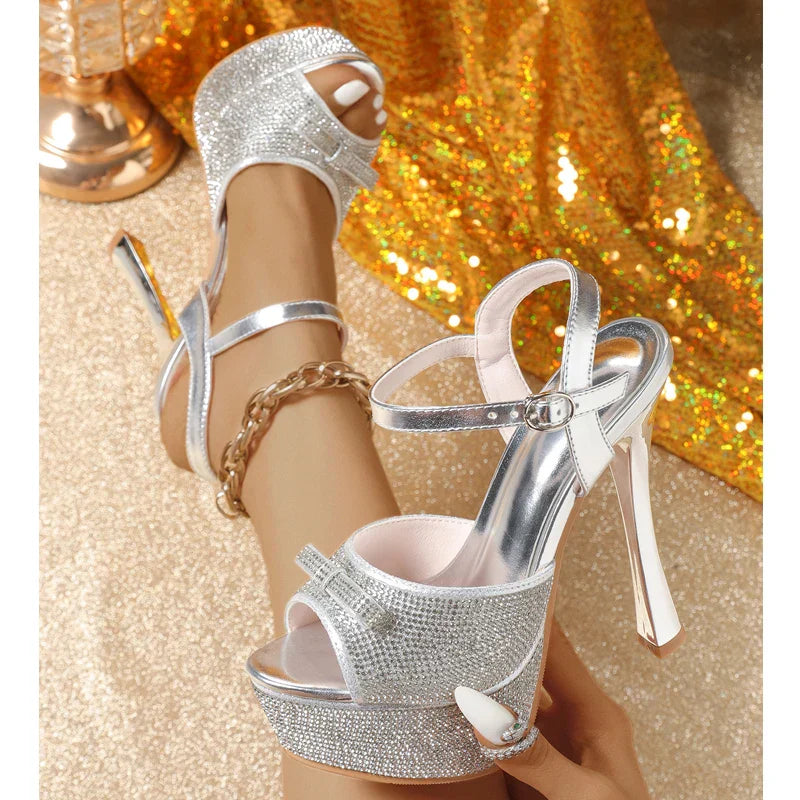 Street Style Crystal Peep Toe Sandals Stiletto High Heel