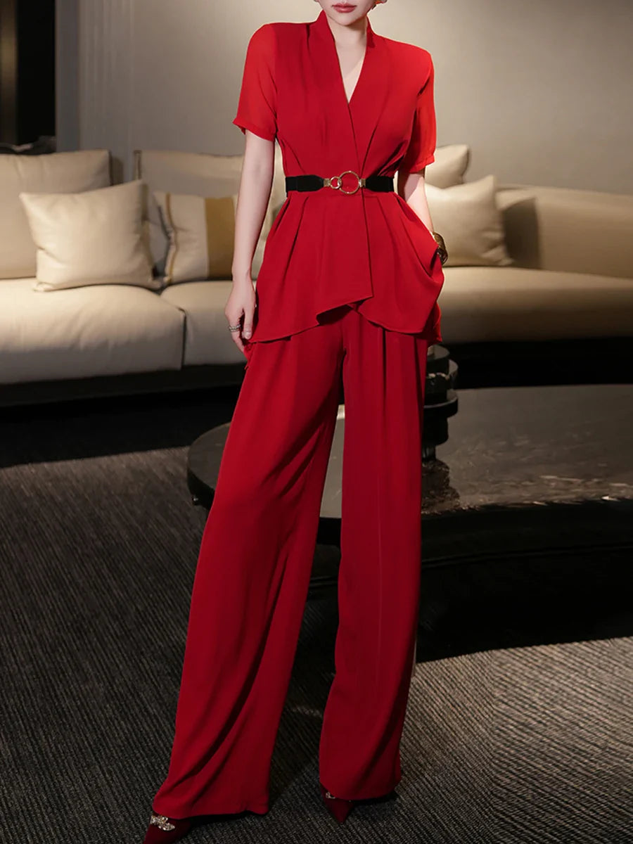 V Neck Short Sleeve Spliced Belt Coat High Waist Pant Sets