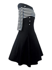Party Dress Off Shoulder Stripes Button Front Swing Dresses
