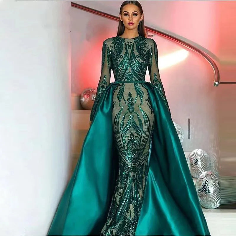 Elegant One Shoulder Sleeve Wedding Evening Night with Detachable Train Dress