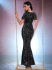 Luxury V-Neck Mermaid Hem Glitter Sequin Short Sleeve Dress