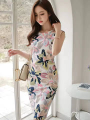 Casual Chiffon Retro Printed Sleeveless Sheath Bodycon Mini Dress