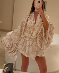 Classic Loose Print Casual V-Neck Long Sleeve Elegant Pleated Mini Dresses