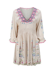 Cotton V Neck Lantern Sleeve Embroidery Beach Casual Dress