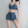 Casual Hollow Stripe Skinny Bra And Low Waist Shorts Non Stretch 2 Piece Set