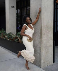 Elegant Knitted Tassel Hem Shoulder Straps Maxi Dress