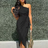 Irregular Diagonal Shoulder Belt Cross-border Slim Fit Satin Dress
