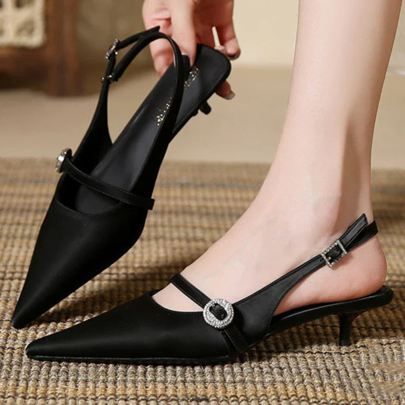 Luxury Rhinestone Buckle Sandals Pointed Toe Back Strap Slide Sandals Simple Comfortable Soft Leather Dress Shoes
