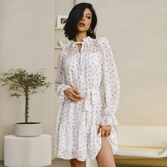 Floral Print Chiffon Dress Pleated Lace Up Ruffle Short Mini Dress