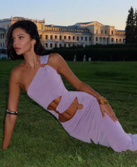 Elegant Hollow Ring Clasp Chic One Shoulder Elastic Solid Birthday Party Maxi Dress