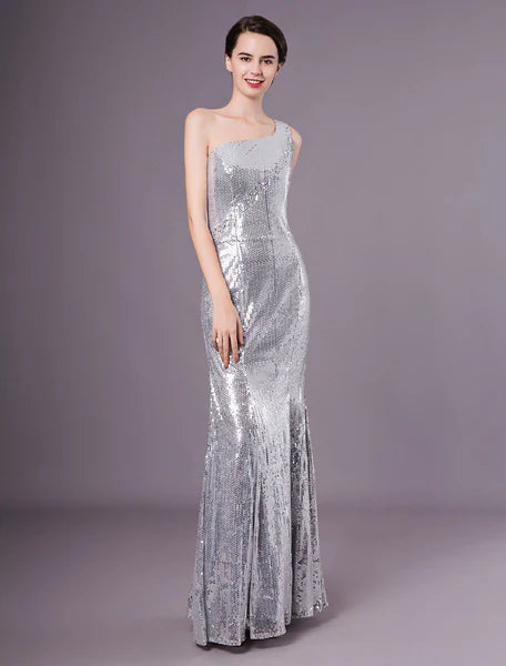 Silver Mermaid Sequined One-Shoulder Evening Dress