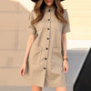 Elegant Short Sleeve Button Up Turn-Down Collar Knee-length Mini Dress