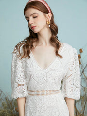 Crochet Lace Hollow Open Back Tie V-neck Puff Sleeve Dress