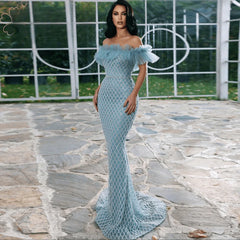 Off the Shoulder Pearls Mermaid Beads Evening Dress