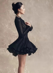 Solid Hollow Out Slimming O Neck Long Sleeve High Waist Temperament Dresses