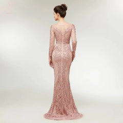 Elegant Beading Pearls Long Sleeves Mermaid Evening Prom Party Dress