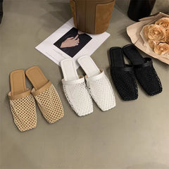 Slippers Mesh Mules Indoor Home Slides Square Toe Female Flats Shoes