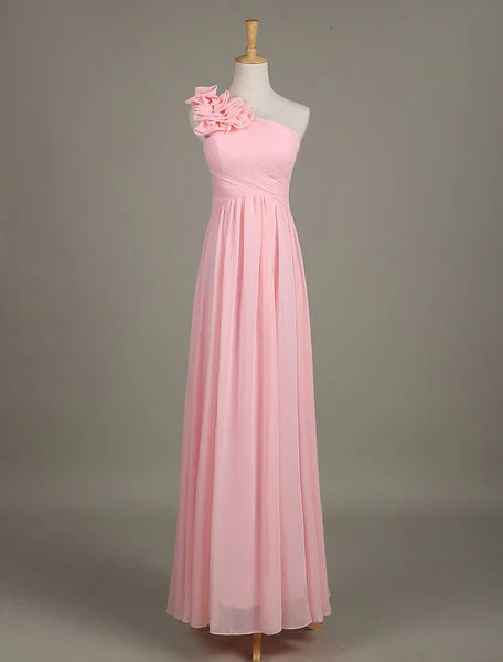 Blush Chiffon One Shoulder Ruffled Zipper A Line Long Wedding Party Bridesmaid Dress